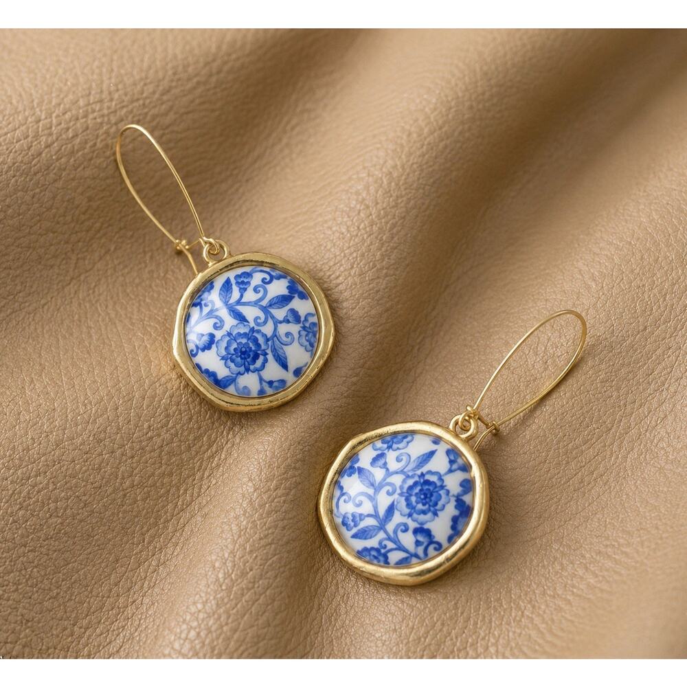 Anthropologie Flower Earrings Tile White Ceramic Blue Gold Hoop Boho Portugal - Picture 3 of 9